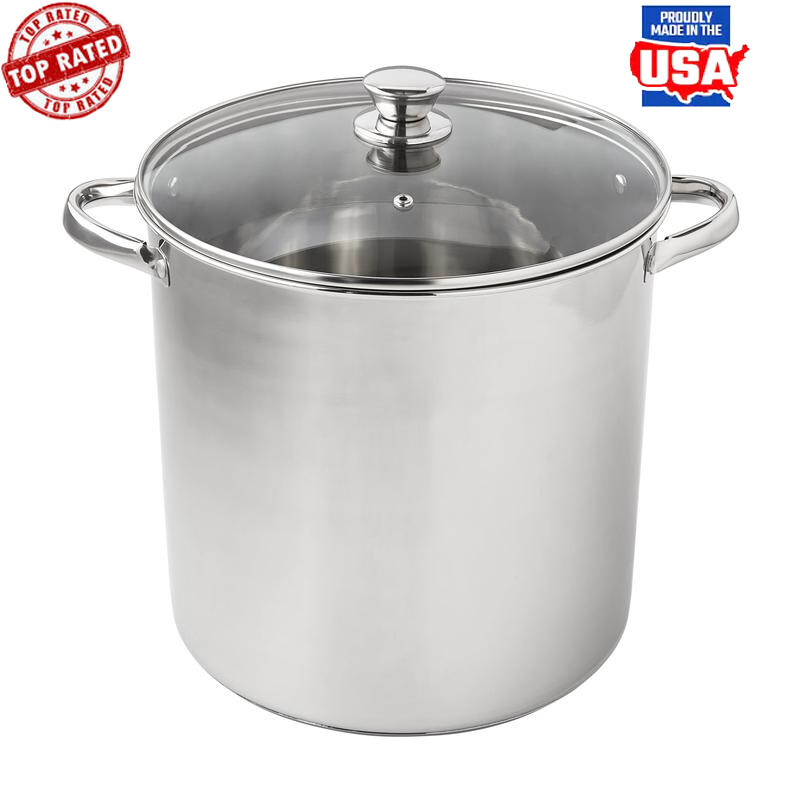 16qt Stainless Steel Stock Pot Glass Lid Cooking Soups Sauces Durable Handles US
