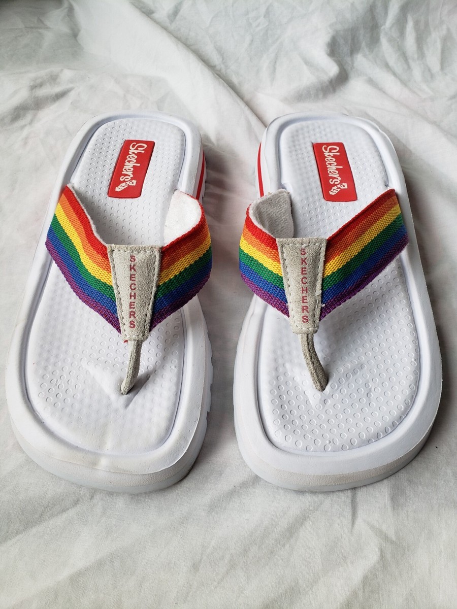NEW SKECHERS CALI Y2K RAINBOW WHITE RED THONG FLIP FLOP PLATFORM