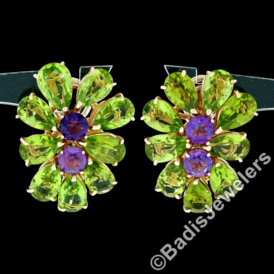 Large Rose Gold Pear Green Peridot & Amethyst Happy Colorful Cluster Earring - Image 3 of 4