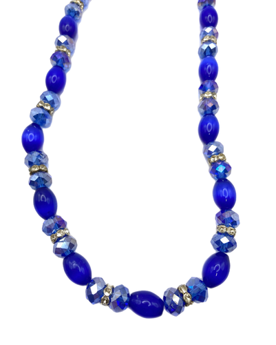 Cobalt Blue Faceted Crystal Glass Rhinestone Accents Choker Beaded Necklace 21" - Picture 7 of 24