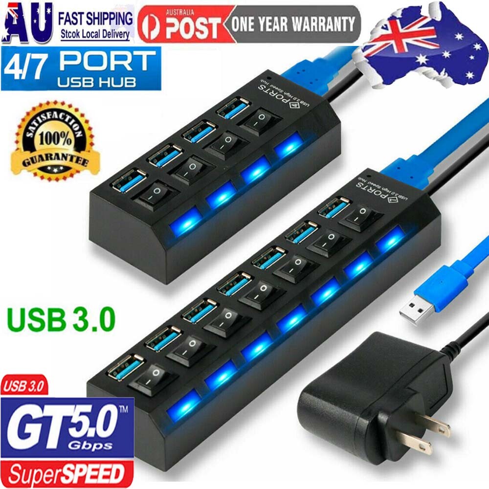 7 Ports USB Hub 3.0 Powered High Speed Splitter Extender Cable On/Off ...