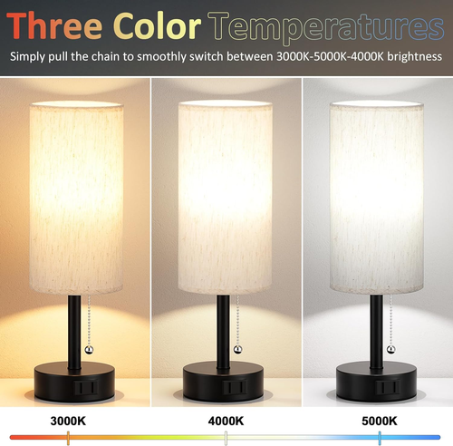 Bedside Table Lamps Set of 2-3 Color Temperatures Pull Chain Lamp with AC Outlet - Picture 2 of 12