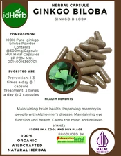 [idHerb] 100-800 Capsules Maidenhair Tree Ginkgo Biloba WildCrafted Organic