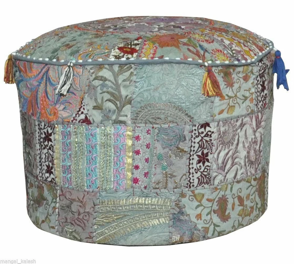 Patchwork Round Foot Stool New Indian Cotton Vintage Ottoman Pouf Cover Handmade - Image 3 of 4