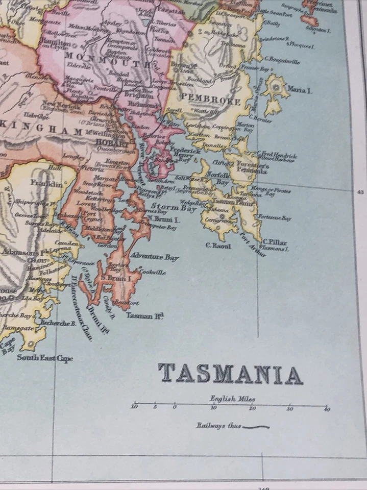 1910: Antique Map Tasmania Vintage 110 Yrs Old Colour Print Railways Gift #85 CS - Image 2 of 4