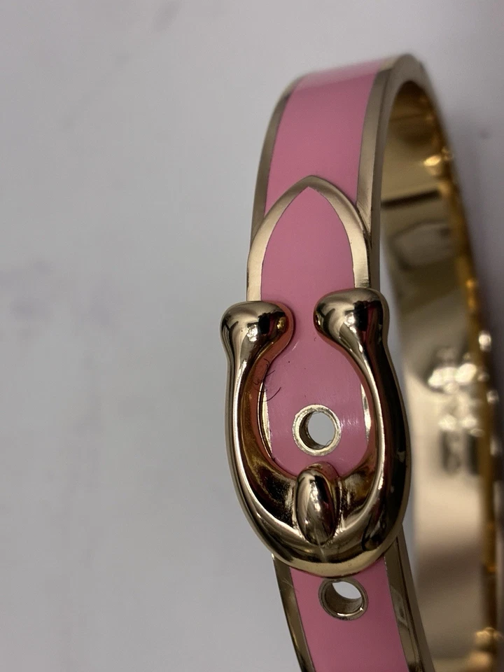$125 COACH New York Signature Gold/Pink Enamel Push Hinged Bangle Bracelet Sz 7 - Image 4 of 4