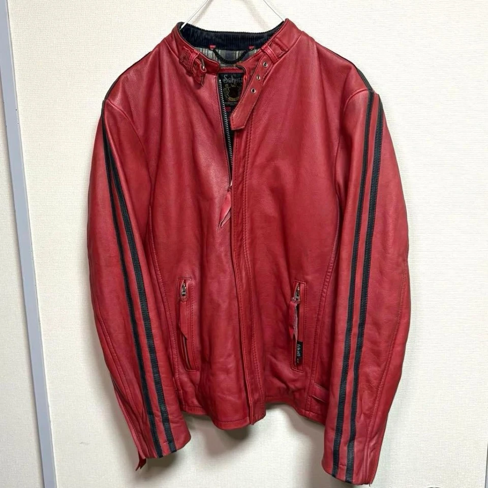 Schott Single Rider Jacket, Striped, Red with Black Lines, Size 36 - Image 2 of 4