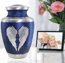 Blue Urn for Ashes Adult Male Female Heart Funeral Decorative Angel Wings Urn