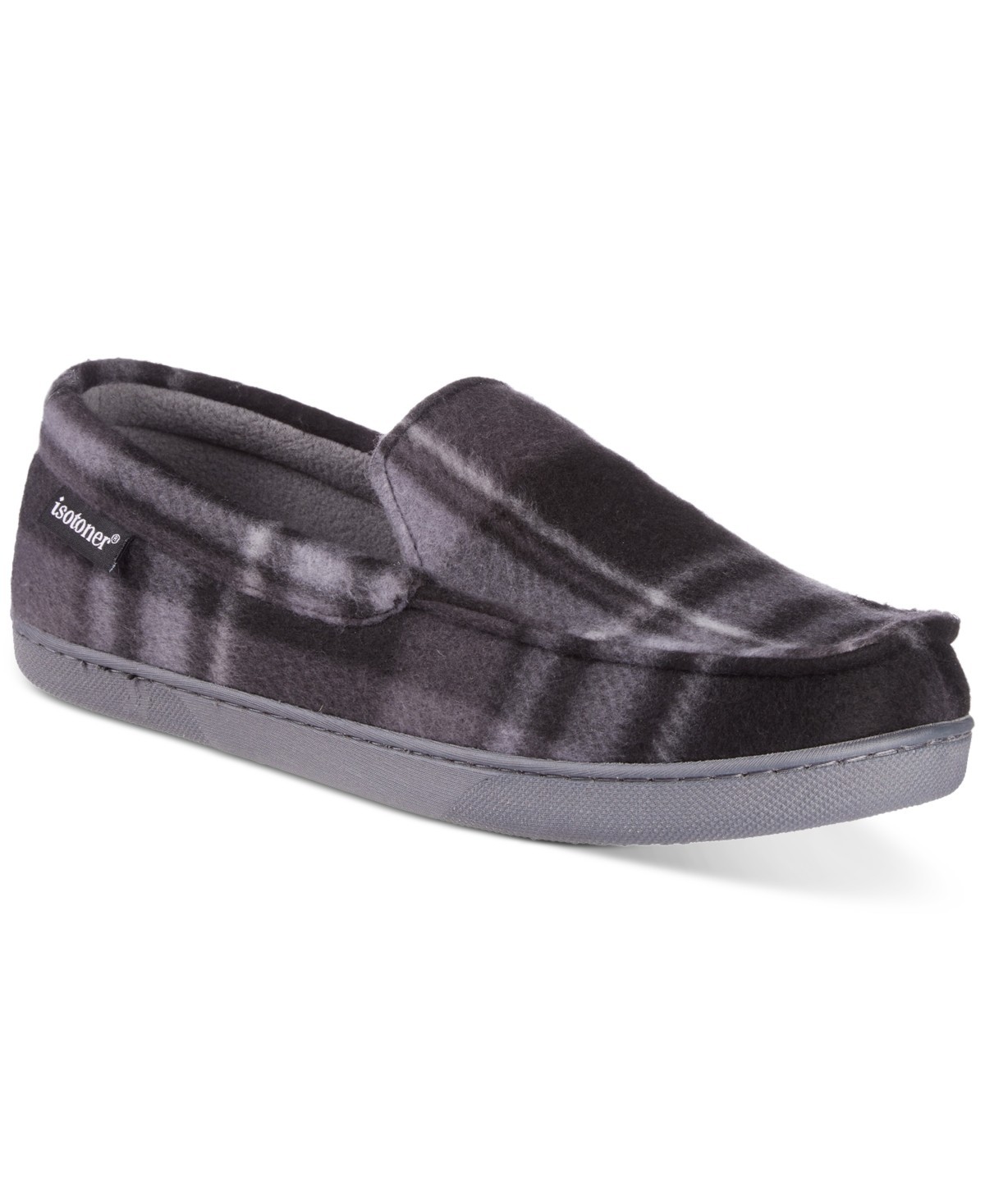 Isotoner Mens Plaid Fleece Cameron Moccasin Slippers Ash Large95-105 4890₽