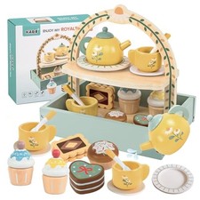 Wooden Tea Party Set for Little Girls,Kids Tea Set with Cookies Cake Stand,