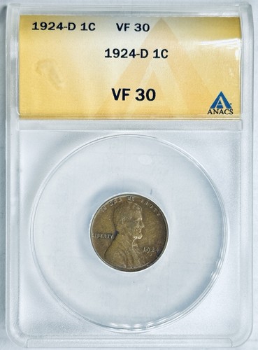 1924-D 1c Lincoln Wheat Penny Cent Denver Mint Coin ANACS VF 30 Wheat Reverse NR