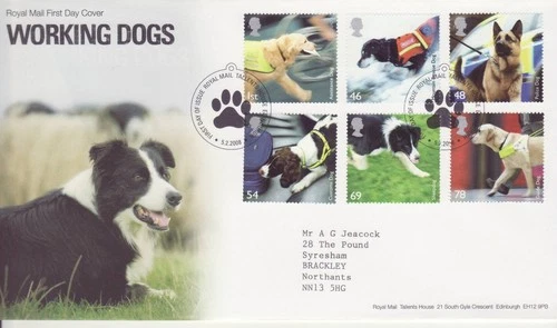 GB Stamps First Day Cover Working Dogs, rescue, guide, police, bone SHS 2008