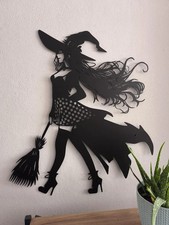 Witch Girl Metal Wall Art, Halloween Wall Decor, Witch with Broomstick Wall Art