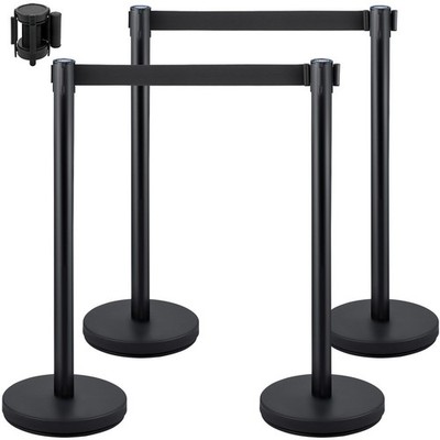 4pcs Adjustable Crowd Stanchions w/ 6.6ft Belts 12.6in Base Diameter Black