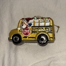 School Bus Christmas Tree Glass Ornament with Santa Claus Driver
