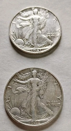 Lot of 2 1941 S 1942 Walking Liberty Half Dollars-90% Silver Fine-Ex Fine #L6