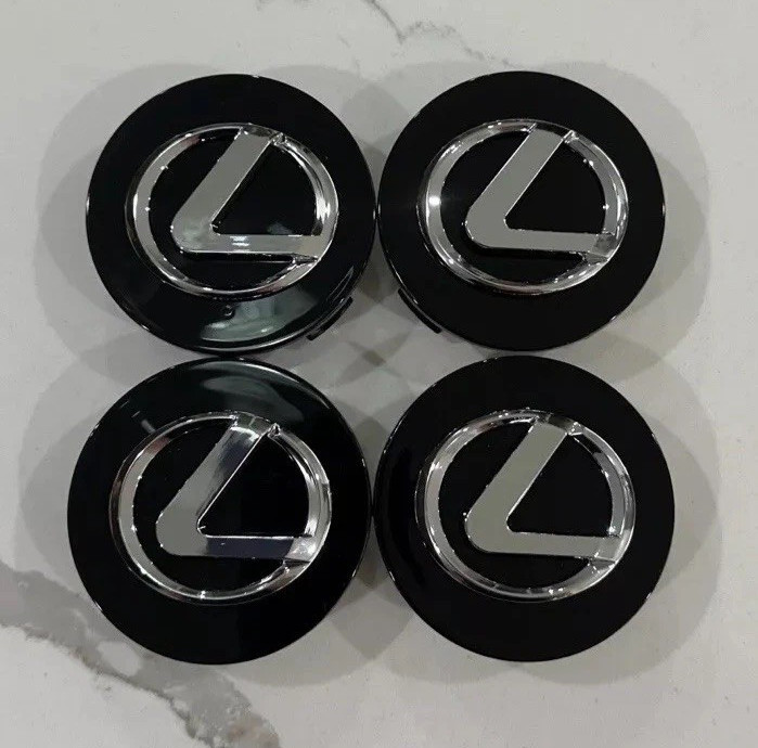 (4X) LEXUS Black & Chrome Badge Logo 62MM Wheel Center Caps Hub 42603-30590