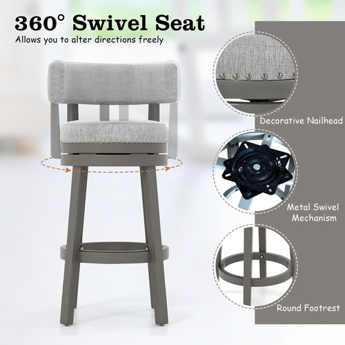 Upholstered Swivel Bar Stool Wooden Counter Height Kitchen Chair w/ Back Grey - Picture 8 of 8