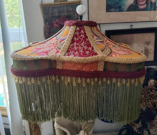 Victorian Style Lamp Shade, Green Orange/ Red, Sage Green Fringes