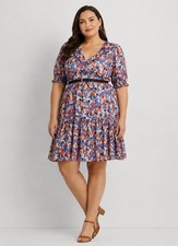 Lauren Ralph Lauren Plus Sz 14 Floral Crinkled Georgette Dress Ruffled V Neck 