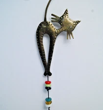 Brass Cat Wind Chime Nana Sculpture Handmade in India w Copper & Beads Whimsical