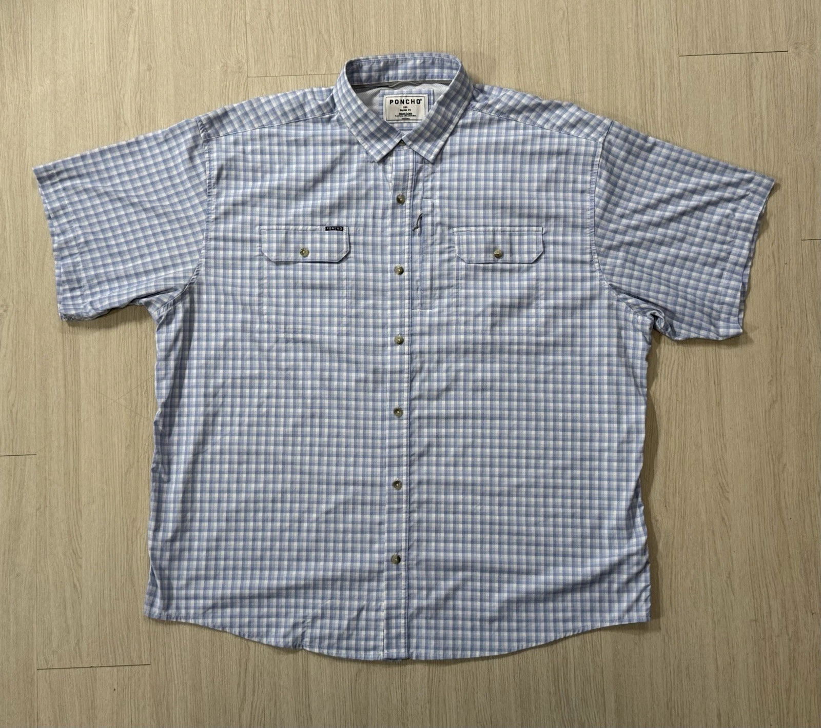 Poncho Outdoors Original Short Sleeve Button Down Shirt XXL Blue Plaid Fishing