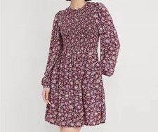 Old Navy Women's L Burgundy Fit & Flare Mini smocked Dress Long Sleeve Fall