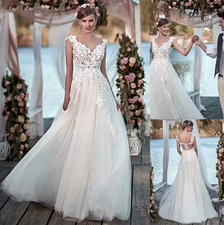 Tulle A-line Wedding Dresses Flower Appliqued Beach V Neck Open Back Bridal