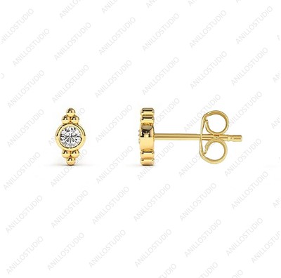 Solitaire Tiny Natural Diamond 14k Gold Beaded Bezel Set Earlobe Stud Earrings