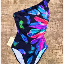 Gottex One Shoulder Swimsuit Feather Print Asymmetrical One Piece Size 8