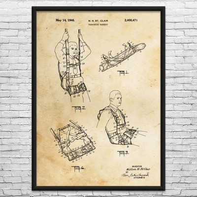 Parachute Harness Patent Wall Art: Pilot Gifts, Man Cave Decor, Skydiving Art