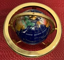 8” Tall Blue Lapis Ocean Table Top Gemstone World Globe. Gold Tripod. Compass.
