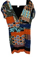 Papillon BOHO Dress SZ M Coral/Blues/Black Multi Print- V Neck- Short Sleeve