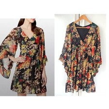 Betsey Johnson Dress Womens Black Floral Print V-Neck Ruffle Trim Size 10