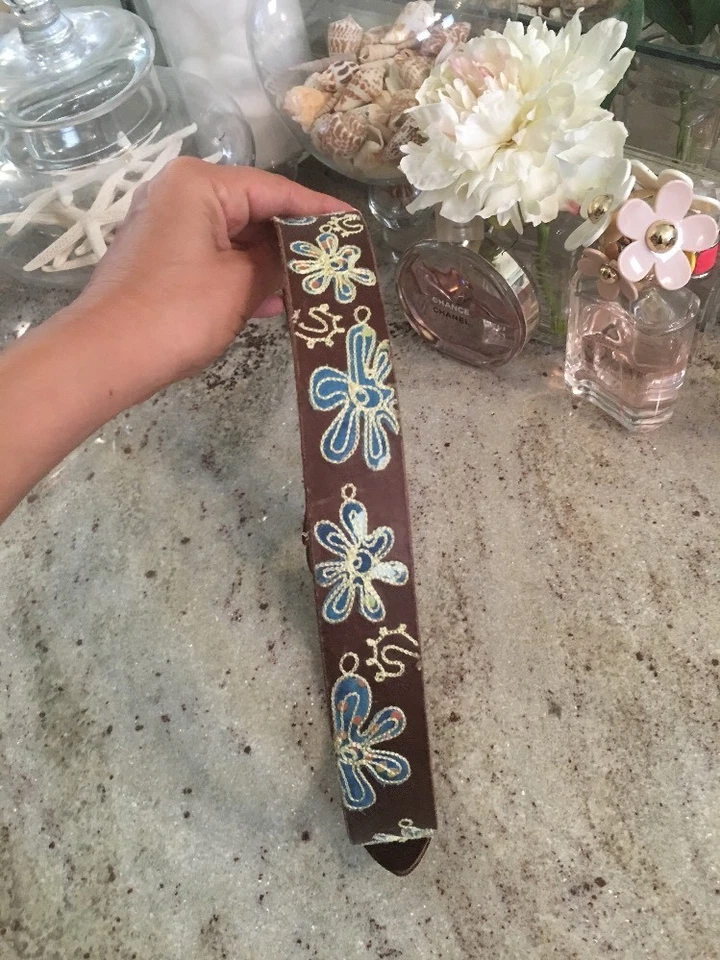 Cinturón de cuero marrón cachemir bordado Lucky Brand India pequeño azul verde boho Foto 2 de 4