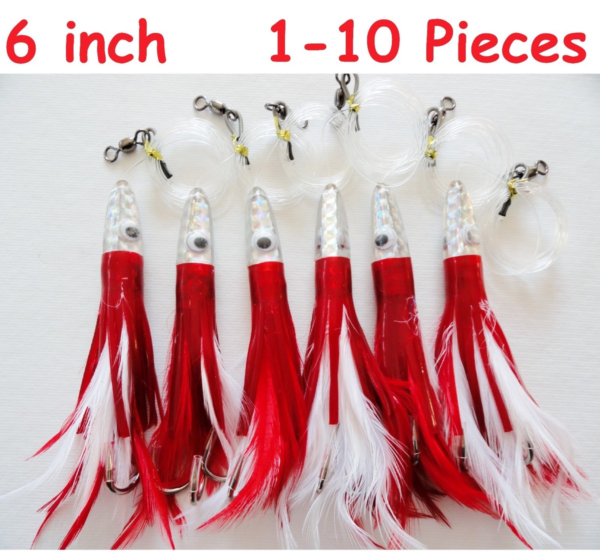feathers for fishing lures Clam Gaff Feathered Treble Hooks #10 / Pink Each lure comes rigged with 6 feet of 100# monofilament and a 7/0 Mustad 3407 hook 6" Rigged Tuna Feathers Red/White