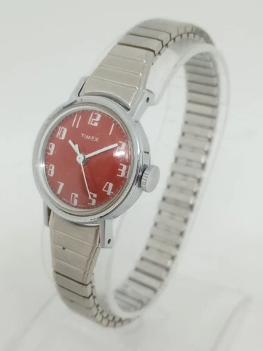 VINTAGE Timex Manual Wind Women's 25mm Red Tin Dial Sweep Second Flex Band Watch