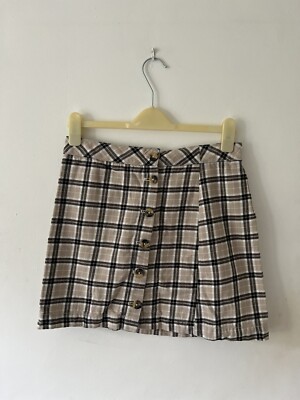 H&M Size 12 Tan Brown Pink Tartan Check Button Up Mini Skirt UK