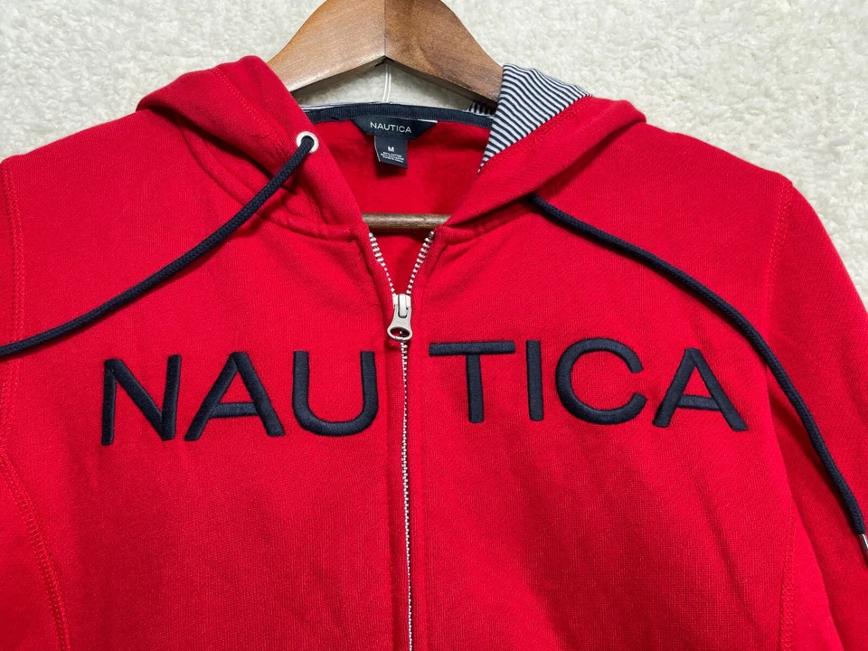 Sudadera con Capucha Y2K Nautica Mujer M Rojo Algodón Manga Larga Raglán Cordón Cremallera Completa Foto 4 de 4