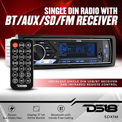 DS18 1-Din Mechless Bluetooth Radio Car Stereo Audio AUX/FM/SD/MP3 Player Remote