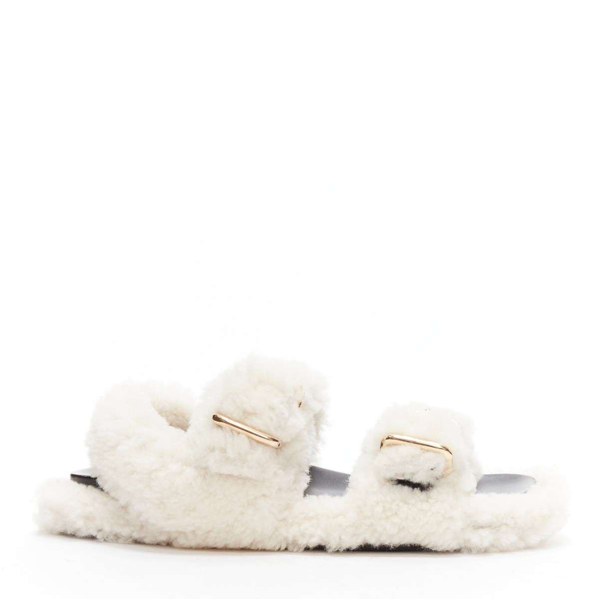 MARNI white shearling gold buckles double strap black lined