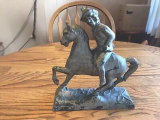 VINTAGE CAST IRON HORSE AND COWBOY RIDER 9.5" Tall X 8" Long Door Stop 3.5 Lbs