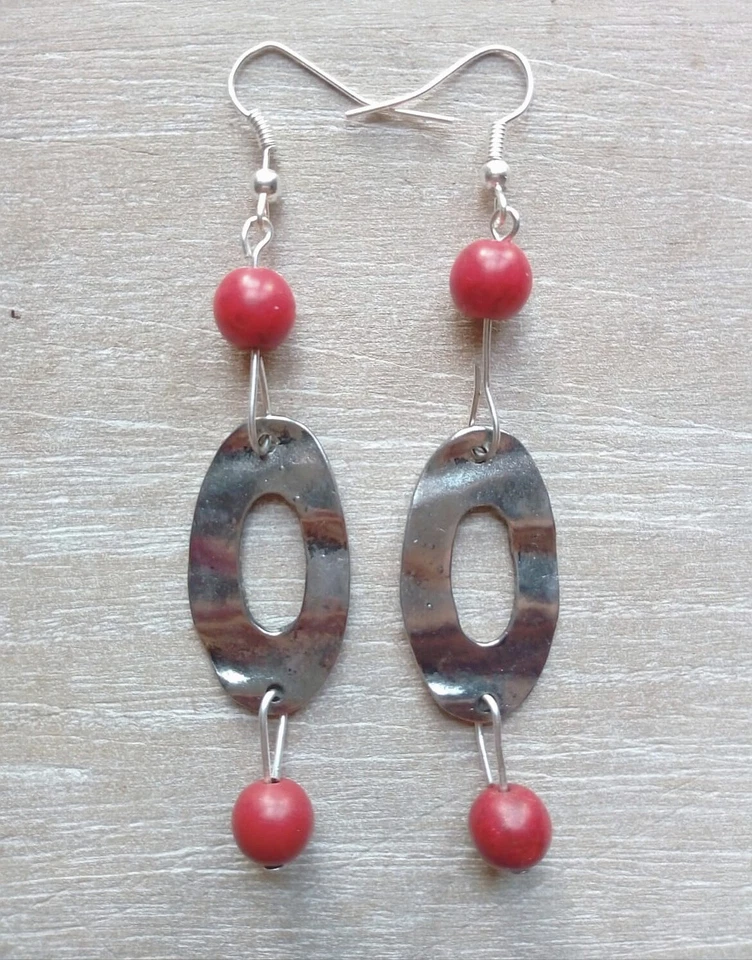 ORECCHINI IN ARGENTO 925 MARTELLATO CON DIASPRO ROSSO NATURALE PENDENTI DESIGN - Immagine 2 di 4