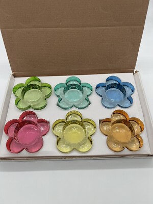 Tea Light Set Bright Flower Theme David East International Glass Pink Blue Green