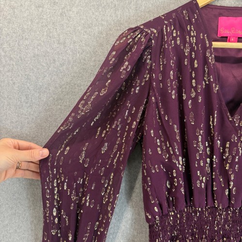 Lilly Pulitzer Cristiana Silk Long Sleeve Dress Purple Gold Dot Womens Size 6 - Picture 4 of 17