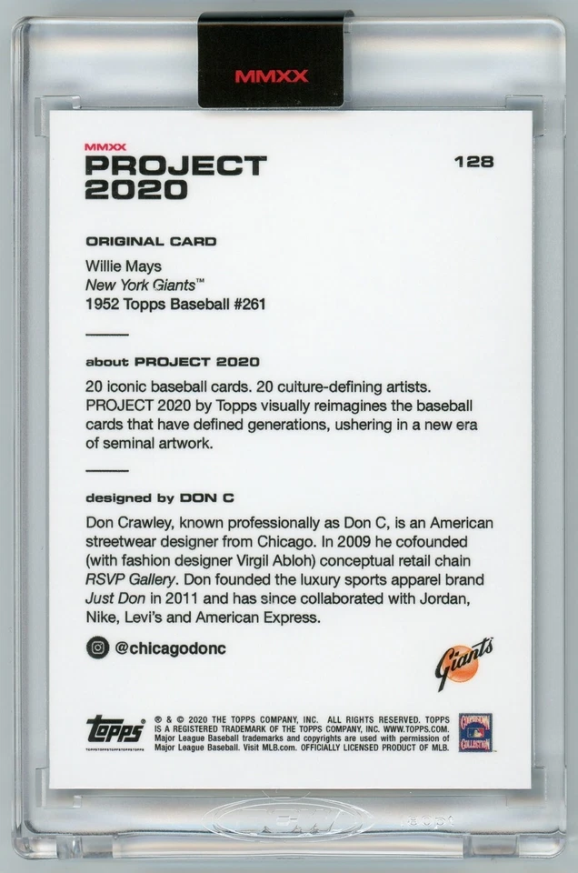 Topps Project 2020 Willie Mays SF Giants HOF'er by Don C '52 Design Card #128! - Image 2 of 2