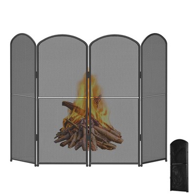 4-Panel Fireplace Screen, 47.8'' W x 31'' H Foldable Wrought Iron Fire Spark Gu...