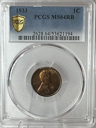 1933-P Lincoln Wheat Cent, PCGS MS 64 RB, Beautiful Wheat Penny, Toning