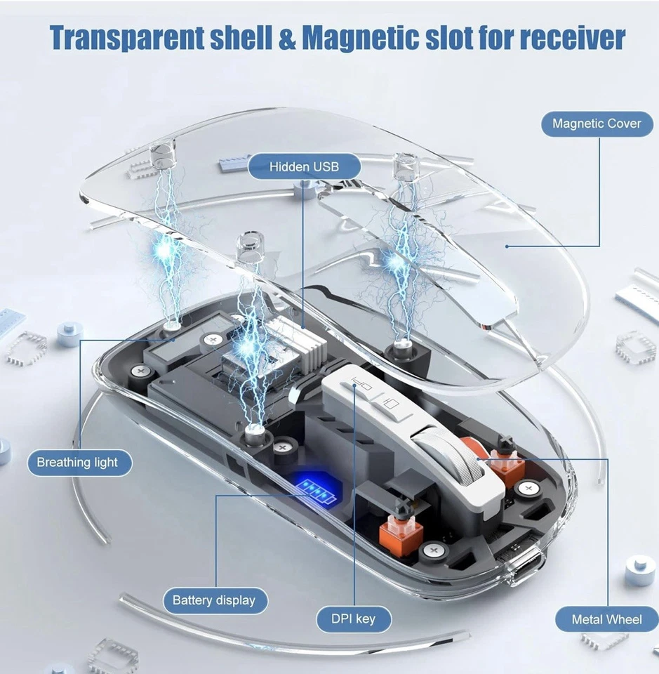 Transparent LED Wireless Mouse Silent Slim 2.4G USB Type-C DPI Adjustable PC Mac - Image 2 of 4