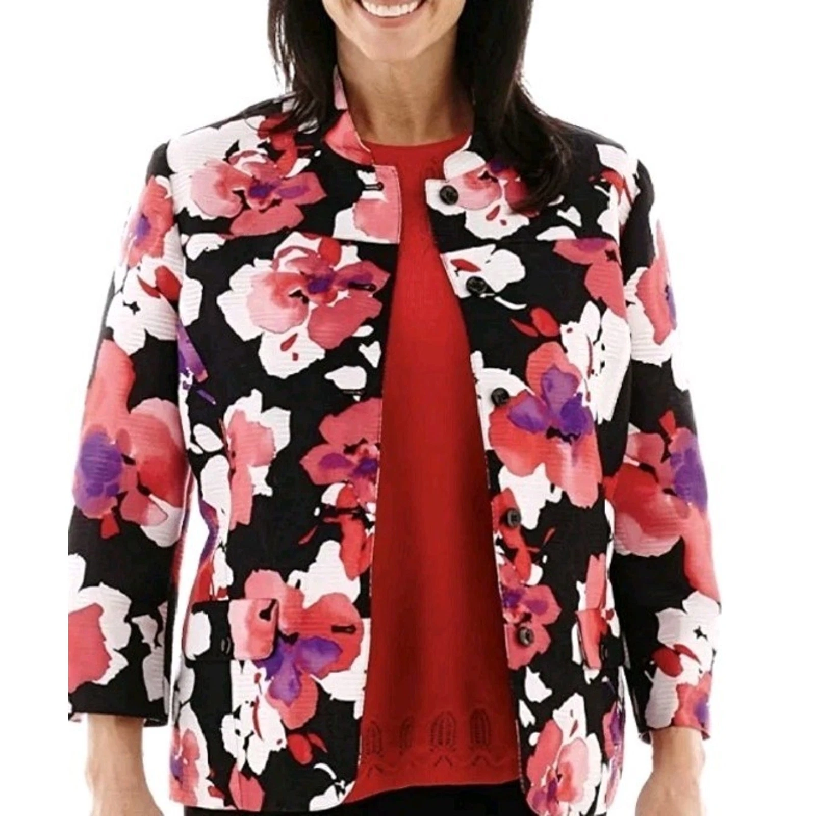 Alfred Dunner Women's Size 12 Large Floral Jacket Boho Artsy Bloomcore Shirt EUC